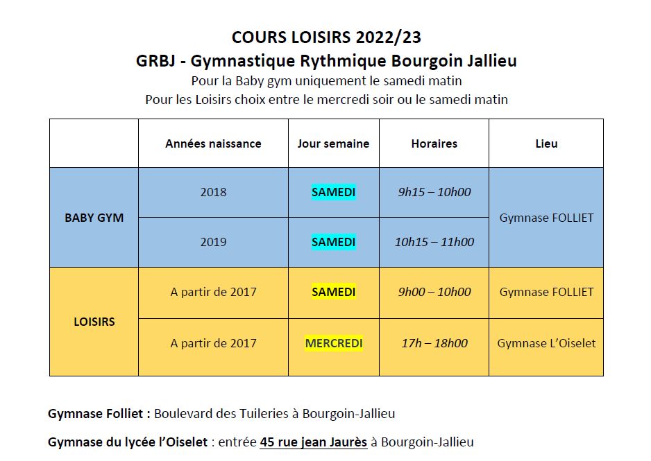 INFOS COURS LOISIRS/BABY – SAISON 2022-23